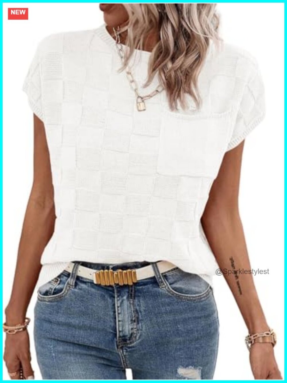 Cap Sleeve Checkered Knit Sweater Vest Crewneck Loose Fit Pullover Top